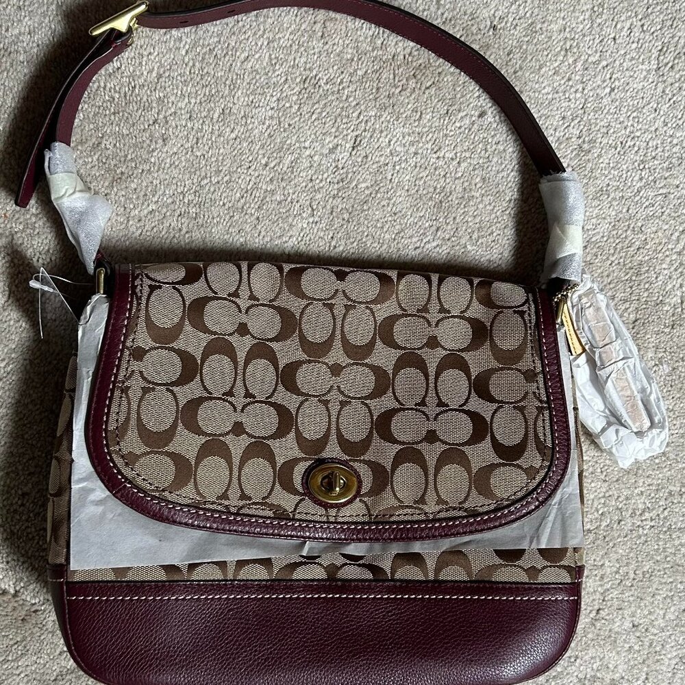COACH PARK SIGNATURE FLAP BAG BRASS/KHAKI/BURGUNDY F23933